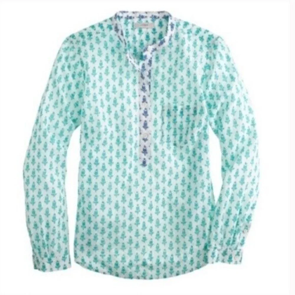 J. Crew White & Turquoise Thistle Print Popover Blouse 16279